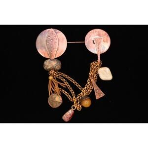 Kate Hines Vintage Brutalist Pin Brooch Copper Beaded Chain Gold Signed BinF